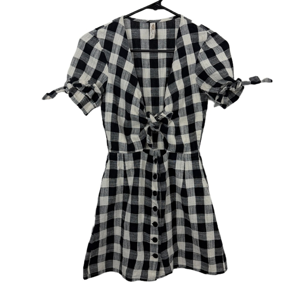 Bec + Bridge Dress Womens 2 Black White Gingham Tie Front Button Down Mini